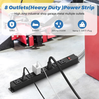 20 Amp Power Strip Heavy Duty, 12 Gauge Extension Cord for Appliance Workbench Garage Industrial, Metal 8 Outlets Combine with T-Plug Adapter 5-20R T-Slot, 1200J Surge Protector