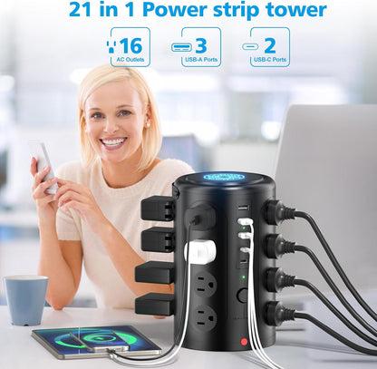 Surge Protector Power Strip,Desk Charging Station with 15W Wireless Charger, Multiple Outlets Charging Station with 16 AC Outlets & 5 USB (2 USB C) Port, for Home, Office, Dorm Room（10FT）
