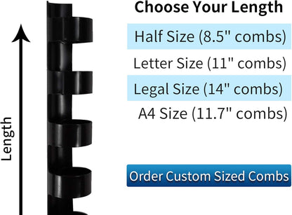 Rayson CR681012-BK Plastic Comb Binding Ring, 1/4in,5/16in,3/8in,1/2in, 19-Ring Letter Size, Black Comb Spines, Multi-Size Pack of 100