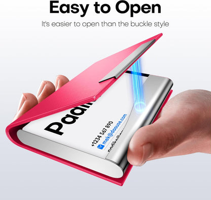 Padike Business Card Holder, Business Card Case Professional PU Leather & Stainless Steel Multi Card Case,Business Card Holder Wallet Credit Card ID Case/Holder for Men & Women. (Rose red)