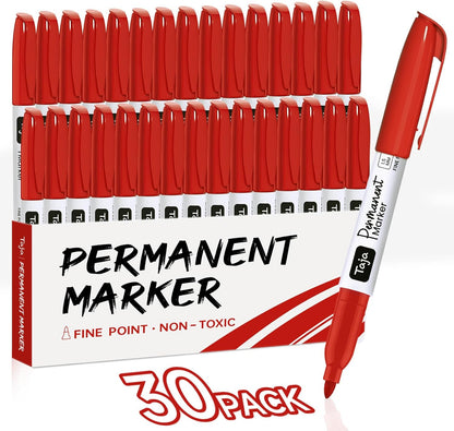 Permanent Markers Fine Tip, 30 Pack Red Quick-Drying and Fade-Resistant Permanent Markers Bulk Set for Writing and Drawing on Wood, Plastic, Metal, Glass, Stone, Ideal for Office School Supplies