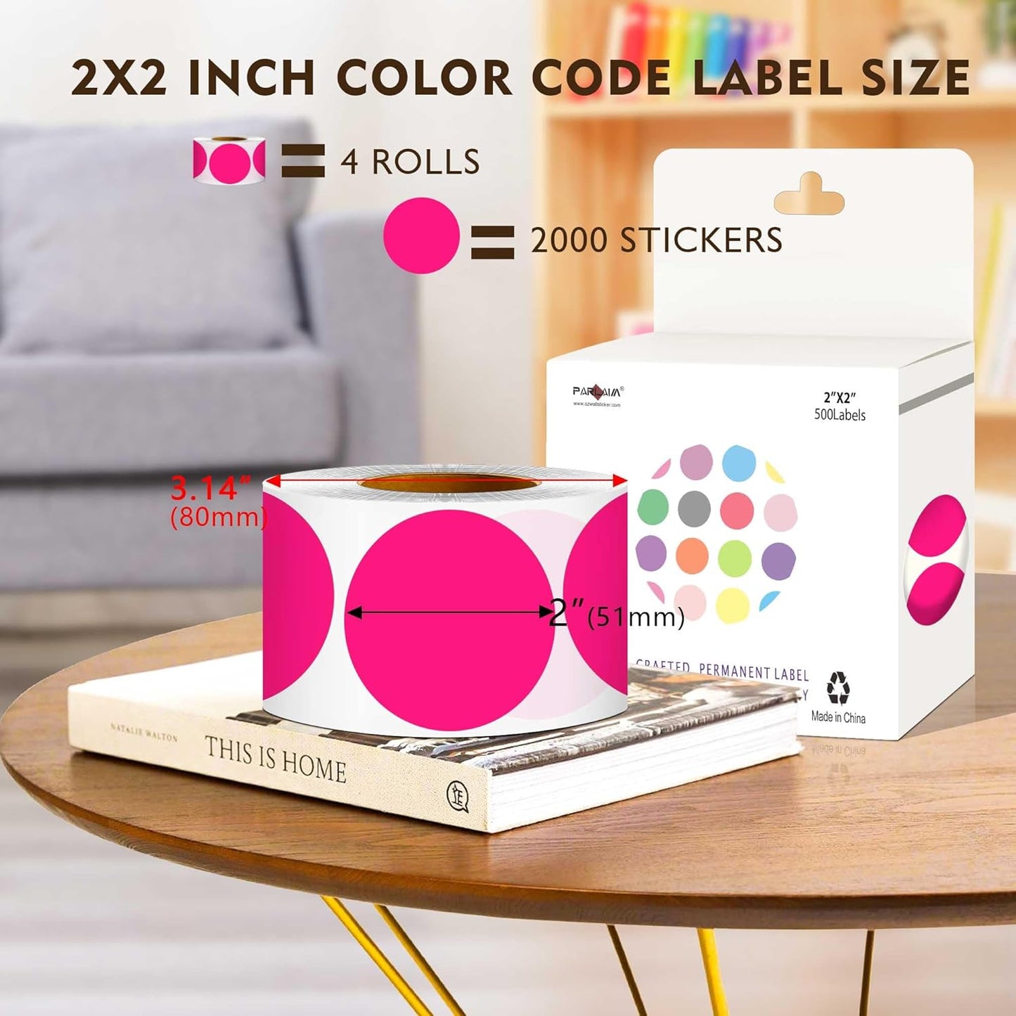 PARLAIM 2 inch Round Color-Code Dot Sticker Labels, 4 Rolls 2000 Adhesive Label Pack in Dispenser Box, Fluorescent Pink