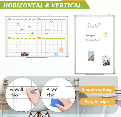 Dry Erase Calendar Whiteboard for Wall, 36" x 24" Magnetic Planner, Silver Aluminum Frame 4 Month Board for Office Home and School
