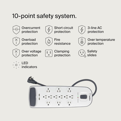 Belkin USB Power Strip Surge Protector - 12 AC Multiple Outlets & 2 USB Ports - 6 ft Long Flat Plug Extension Cord for Home, Office, Travel, Computer Desktop & Charging Brick - White (3,996 Joules)