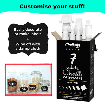 7 White Chalk Markers for Chalkboard Signs, Blackboard, Car Window, Bistro, Glass | 7 Variety Pack - Thin, Fine Tip, Bold & Jumbo Size Erasable Liquid Chalk Pens (1mm, 3mm, 6mm, 8mm, 10mm, 15mm, 30mm)