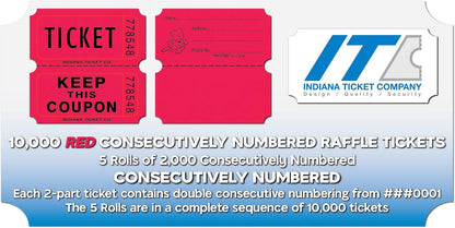 INDIANA TICKET CO. 10,000 Red CONSECUTIVELY Numbered Raffle Ticket Roll. 5 Rolls of 2,000, for Classroom Rewards, Events, Fundraisers, Door Entry, Raffles, Prizes, Drink/Food Tickets, & More