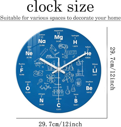 XNM Modern Blue Chemical Clock for Classroom Glass Analog Small Science Wall Clocks Battery Operated 12 Inch Round Silent Wall Clock for Study Room