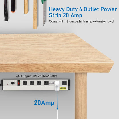 CCCEI Heavy Duty Power Strip Surge Protector 20 Amp, High Amp Industrial Shop Garage Metal Multiple Outlets, 10 FT 12 Gauge 5-15P Extension Cord 6 Outlet 6-20R T-Slot 20a for Appliance.