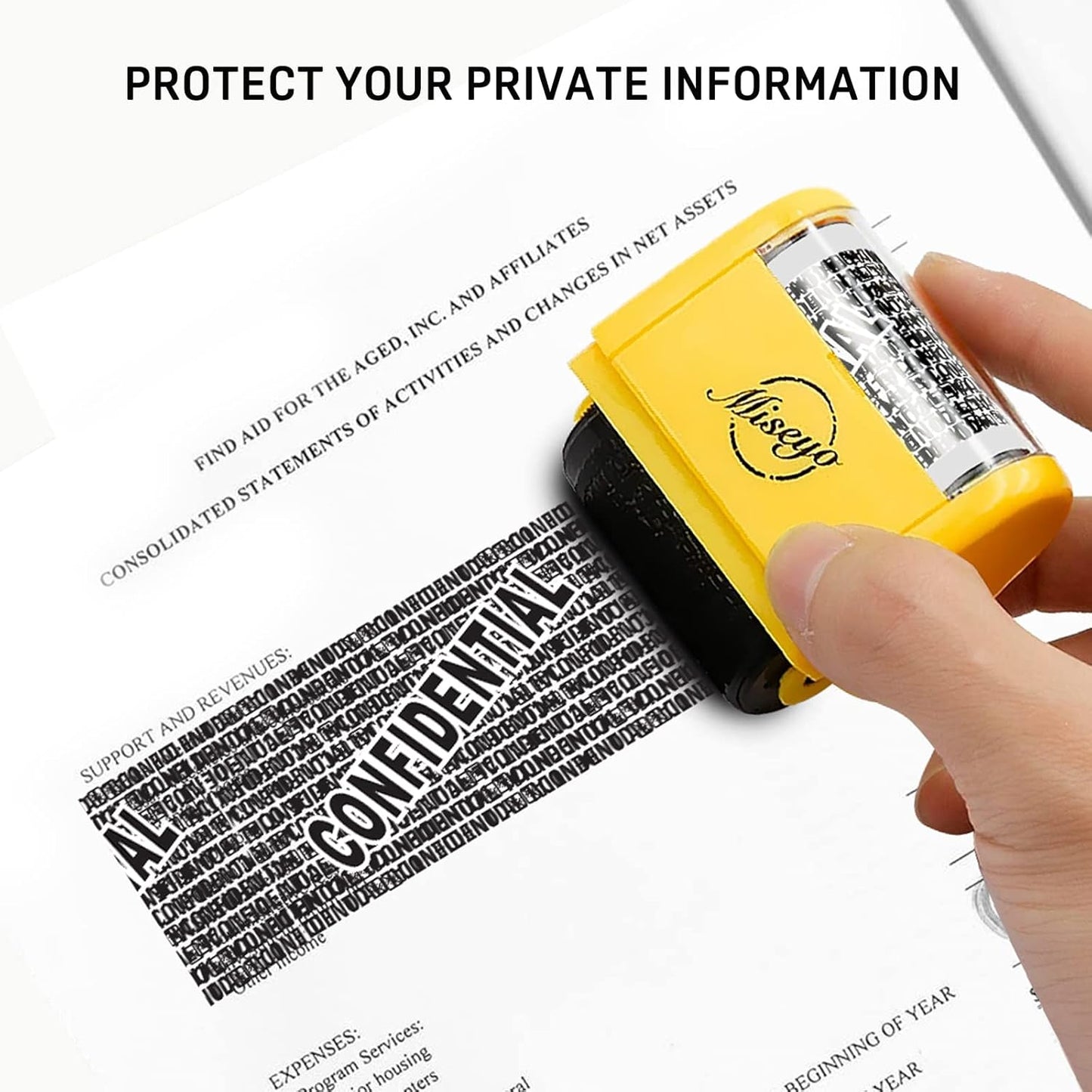 Miseyo Identity Theft Protection Roller Stamp Set - Yellow (6 Refill Ink Incleded)