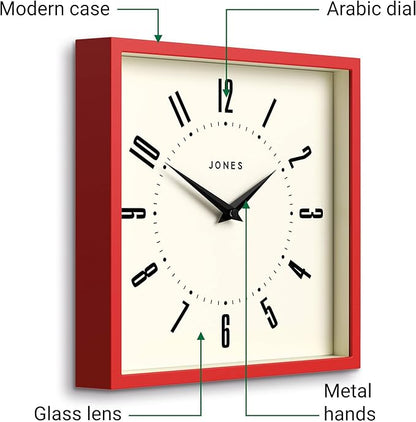 JONES CLOCKS® Box Wall Clock | Retro Square | 10 inch | Red | Easy to Read Numbers | Perfect Kitchen or Office Clock