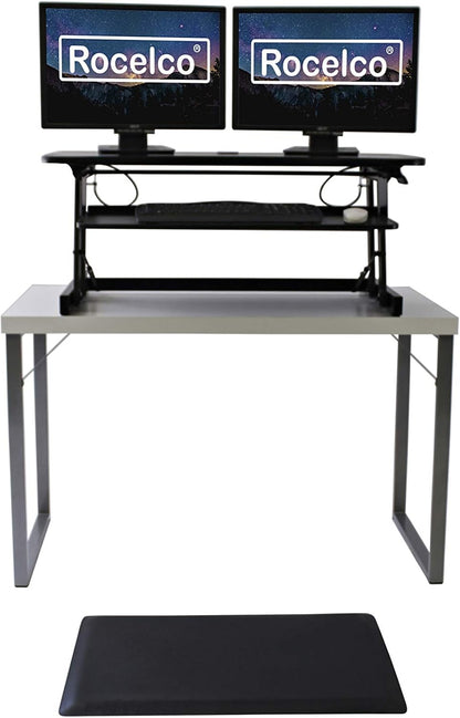 Rocelco 37.5" Deluxe Height Adjustable Standing Desk Converter with Anti Fatigue Mat BUNDLE - Quick Sit Stand Up Computer Workstation Riser - Large Retractable Keyboard Tray - Black (R DADRB-MAFM)