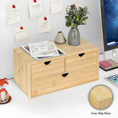 Bamboo Desk Organizer, 3 Drawer Desktop Organizer, Tabletop Storage Organization Box for Bills, Countertop, Home Office Supplies