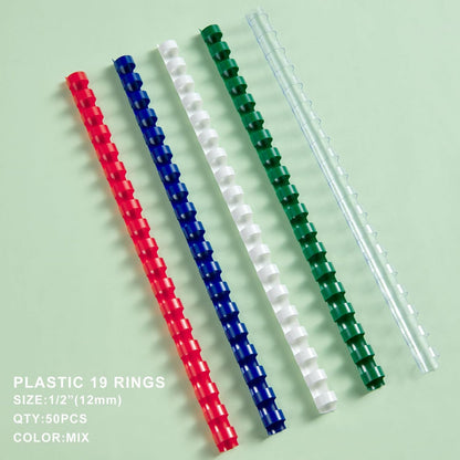 HOUYEE 19 Ring Plastic Binding Comb,1/2 Inch Diameter,75 Sheet Capacity,Letter Size, Multi-Color Binding Comb Spines, 50 Pack,White, Red,Green,Clear,Blue