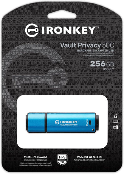 Kingston Ironkey Vault Privacy 50 USB-C 256GB Flash Drive | FIPS 197 Certified | XTS-AES 256-bit | BadUSB and Brute Force Protection | Mult-Password Option | IKVP50C/256GB