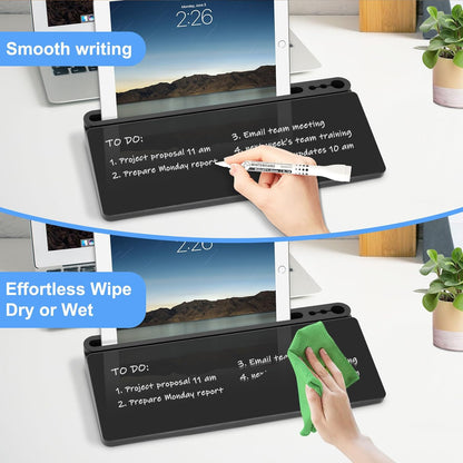 Desktop Glass Whiteboard with Storage, Desk Board with Computer Keyboard Stand, White Dry Erase Board with Drawers for Home, School, Office Desk Organizers and Accessories - Black