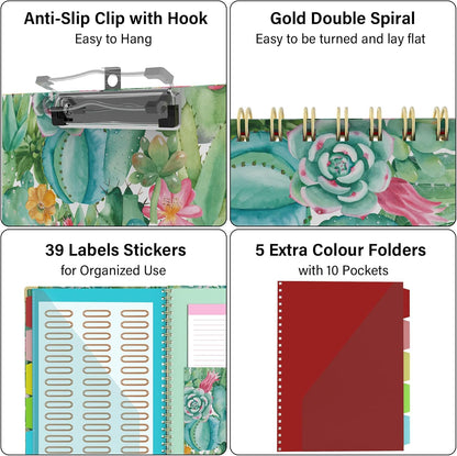 Foldable Clipboard Folio with Storage, 5 Plastic Folders with 10 Pockets,Refillable Lined Notepad (11" x 8.5"), Hardcover Project Organizer Nursing Teacher School Essentials(Cactus Flowers)