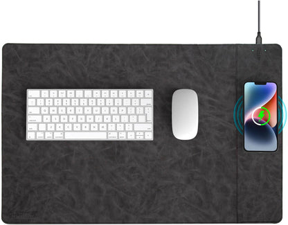 Magnetic Wireless Charging Desk Mat, 23.4"x15.6" Large Office Mouse Pad, Microfiber Leather Mouse Mat with Ultra-Smooth Surface, Waterproof Computer Keyboard Desk Mat for Office & Home, Laptop, Grey