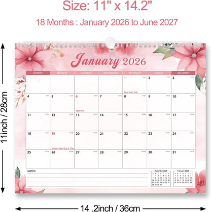 2026 Calendar, Wall Calendar 2026-2027, 11" x 14.2" Monthly Desk Calendar for Home and Office, 18 Months From January 2026 to June 2027 With Vacation Overview