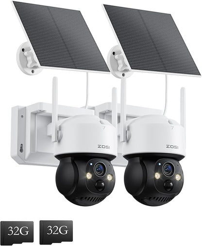 ZOSI C291 2 x 2.5K 4MP Wireless Battery Security Camera Outdoor, Solar Powered Pan/Tilt Camera, 360 View, PIR Human Detect, Color Night Vision, 2-Way Talk, Light Siren Alarm, 32GB Memory Card
