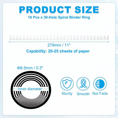 PATIKIL 8.5mm(0.3") Spiral Binder Ring,10 Pcs 30 Rings 25 Sheet Capacity Comb Binding Spines for Binding Paper Sheets Notebook Calendar Picture Album, White
