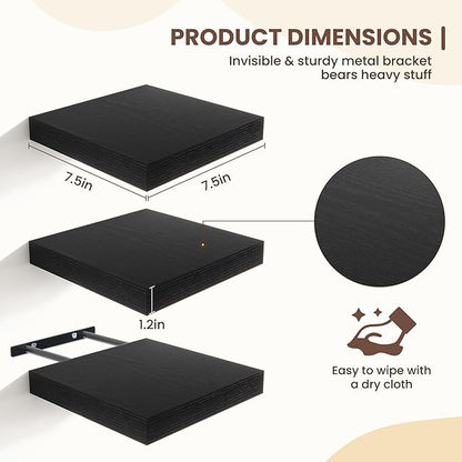 Fun Memories Floating Shelves for Wall - 7.5 Inch Square Shelves with Invisible Brackets, Black Small Wall Shelf for Living Room, Bathroom, Bedroom, and Kitchen Decor，Black Set of 3