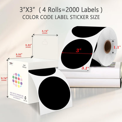 PARLAIM 3" Diameter Round Black Color Coding Sticker, 4 Rolls 2000PCS Circle Dot Label,Permanent for Inventory Box Labeling