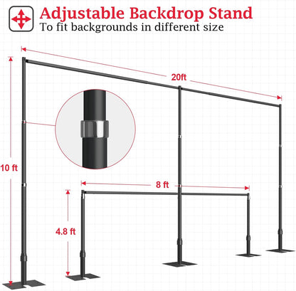 EMART Backdrop Stand Heavy Duty 10ftx20ft, Adjustable Pipe and Drape Photo Background Support Kit, Metal Frame with Flat Base for Wedding Birthday Party Banquet Decorations-Black