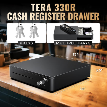 Tera 13" Auto Open Cash Register Drawer Heavy Duty Fully Removable Insert Tray 5 Keys 4 Bill 6 Coin Media Slot 24V RJ12 Key-Lock (Round Corner) for POS System Small Business 330R