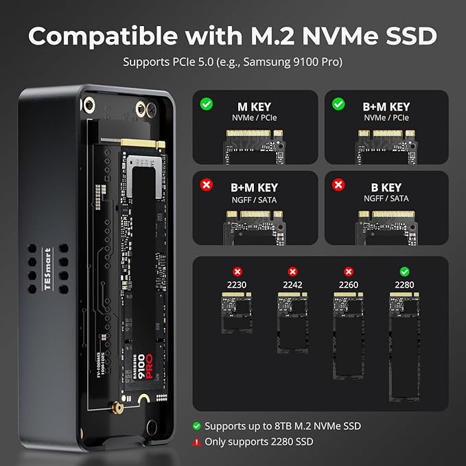 TESmart 80Gbps M.2 NVMe SSD Enclosure with JHL9480 Chip, PCIe 5.0 SSD | Compatible with Thunderbolt 5/4/3/USB4 v2/USB4, Smart Cooling | 8TB Max | High-Speed 7000MB/s External Storage(TBE-X5PRO)