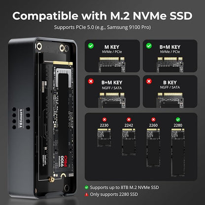 TESmart 80Gbps M.2 NVMe SSD Enclosure with JHL9480 Chip, PCIe 5.0 SSD | Compatible with Thunderbolt 5/4/3/USB4 v2/USB4, Smart Cooling | 8TB Max | High-Speed 7000MB/s External Storage(TBE-X5PRO)