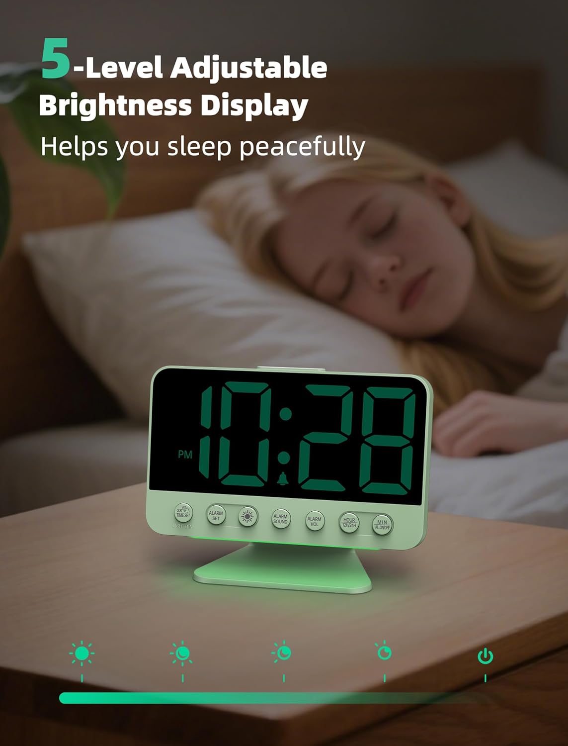Digital Alarm Clocks for Bedrooms: Large Bold Number 5 Brightness Dimmer - Easy to Read Across The Room - 5 Alarm Sound 8 Night Light - Sage Green