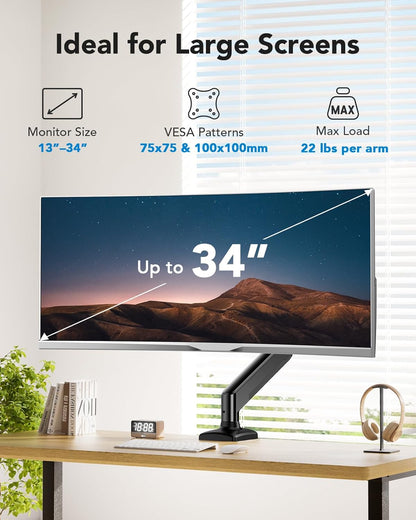 HUANUO Single Monitor Arm 13-34 Inch, Adjustable Gas Spring Arm, Monitor Desk Mount for 4.4-22lbs, VESA 75/100mm with C-Clamp/Grommet Base, Ergonomic Stand for Work/Gaming