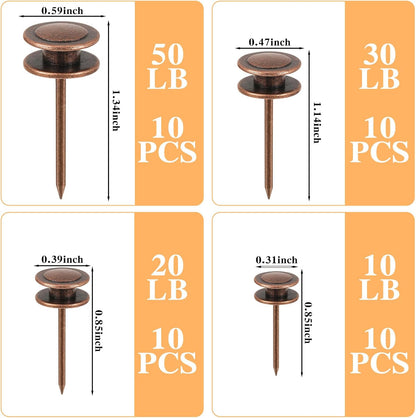 Ferraycle 40 Piece Double Headed Picture Hangers Nails 4 Size Long Thumb Tacks for Wall Hanging Decorative Nails Push Pins Picture Hooks for Drywall Photo Decor, 10/20/ 30/ 50lb(Red Antique)