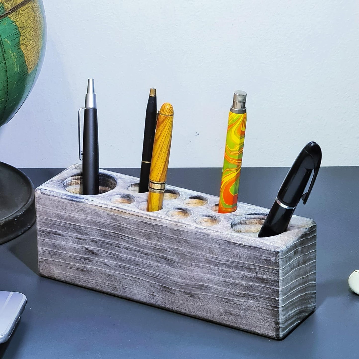 Whitewashed Wooden Pen Holder, Grey Solid Wood Desk Organizer, Rustic Paint Brush Holder and Art Supplies Organizer