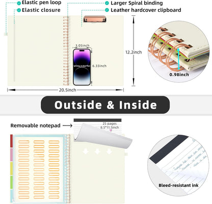 Ospelelf Leather Clipboard Folio with with Storage Zipper Pouch, Spiral Clipboard Folder with Notepad for Letter Size, 5 Folders with 10 Pockets, 39 Divider Label Stickers (Beige)