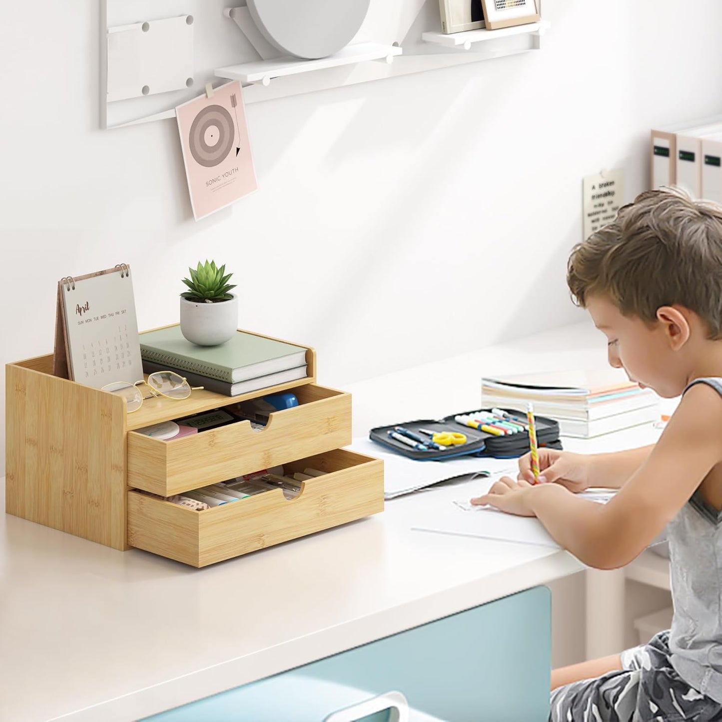 Bamboo Desk Organizer with Drawers Desktop Storage Drawers for Bills Office Supplies Kitchen Utensils Organizing Tool for Home Classroom Organization No Assembly (Nature 2 Drawer)