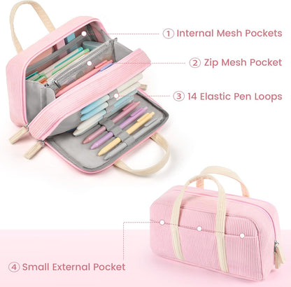 Sooez Large Pencil Case Pouch, Extra Big Pencil Bag with 5 Compartments, Pen Case Wide Opening, Soft Corduroy Pen Bag Organizer with Zipper, Cute Aesthetic School Supplies for Teen Girls, Brown