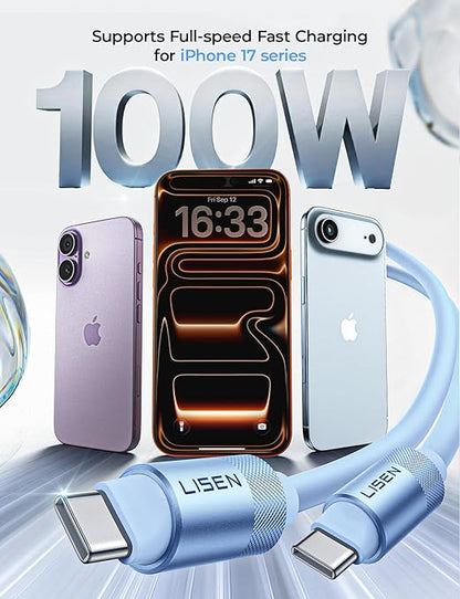 LISEN for iPhone Air 17 Charger Cord USB Cable 10FT, Chubby 100W Soft Silicone USB C to USB C Fast Charging Cable, Long USBC to USBC for iPhone 17 16 15, Samsung S25, MacBook Pro/Air, Blue
