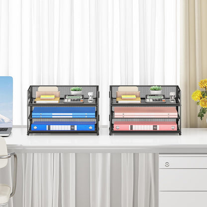 Subekyu 2-Pack 3-Tier Paper Letter Tray Organizer for Desk, Black Metal Mesh File Sorter Organizer with Handle and 1 PC Sliding Tray for Home Office School Desk Supplies Organization Storage