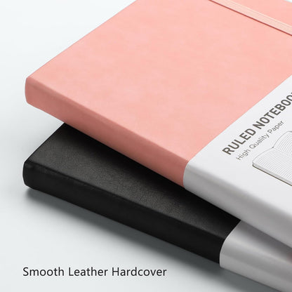 RETTACY Lined Journal Notebook, 2-Pack, 192 Numbered Pages per Pack, A5 Medium Size (5.7'' x 8.3''), for Men & Women, Writing, Work, Leather Hardcover, 100 GSM Thick Paper (Black & Pink)