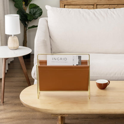 MyGift 15-Inch Modern Brown Leatherette & Brass Plated Metal Magazine Holder – Floor Standing Faux Leather Sling Style Newspaper Rack for Home, Bathroom, Office Decor