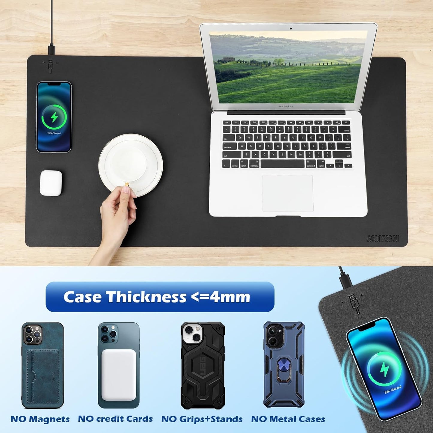 Wireless Charging Desk Mat with Desk Pad for Desktop Charging Large Mouse Pad Waterproof Leather Computer Mat Mouse Pad Non-Slip Protector on Top of Desks for Keyboard and Mouse (black-l, 32*16inch)