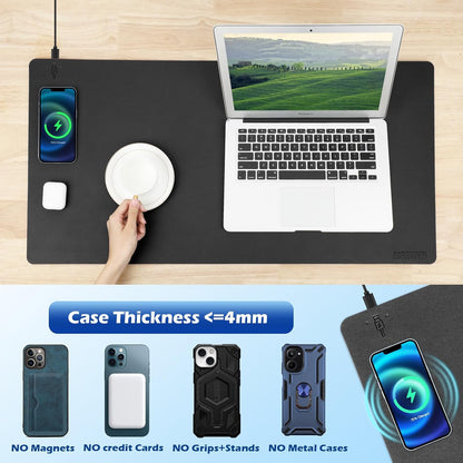 Wireless Charging Desk Mat with Desk Pad for Desktop Charging Large Mouse Pad Waterproof Leather Computer Mat Mouse Pad Non-Slip Protector on Top of Desks for Keyboard and Mouse (black-l, 32*16inch)