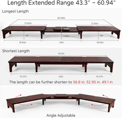 Nnewvante Monitor Stand Riser, Upgrade Height Large TV Riser, 60 inch Large Bamboo Dual Monitor Stand for Desk, 3 Shelves Desktop Screen Riser with Adjustable Length Angle for Computer Laptop Walnut