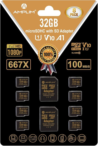 Amplim 32GB Micro SD Card, 8 Pack MicroSD Memory Plus Adapter, MicroSDHC Class 10 UHS-I U1 V10 TF Extreme High Speed Switch, Raspberry Pi, Phone Galaxy, Camera Cam, Tablet, PC