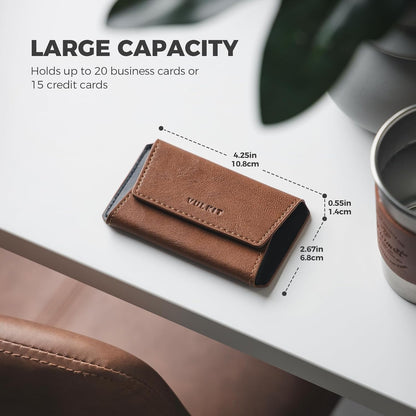 VULKIT Leather Business Card Holder Case for Men Slim Pocket Business Card Wallet Name Card Case Holder, Holds 20 Business Cards Brown