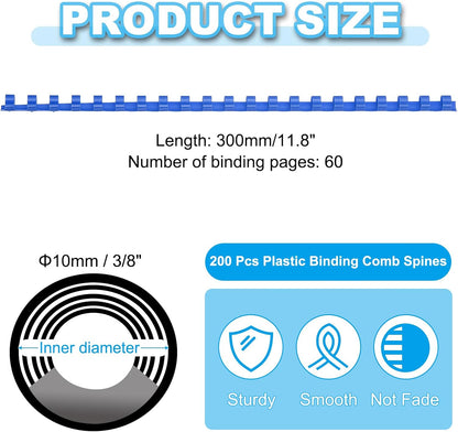 PATIKIL 10mm (3/8") Plastic Binding Combs, 200 Pcs 21 Rings Comb Binding Spines 60 Sheet Capacity Letter Size for Binding Paper Sheets Notebook Calendar Picture Album, Blue