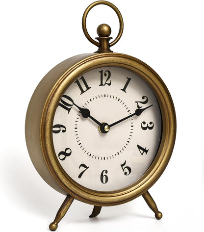 Antique Gold Finish Mantel Clock – Vintage Gold Table Clock on Stand, Decorative Desk and Shelf Clock, Rustic Mantel Clock Non-Ticking 10.3 * 7.3 inch