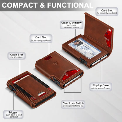 Wallet for Men Wallet with Slim Pop Up Card Holder 9-13 Cards, Bifold Minimalist Smart Wallet RFID Blocking Credit Card Holder with ID Window & Stretchable Cash Slot Compact Metal Aluminum Card Case