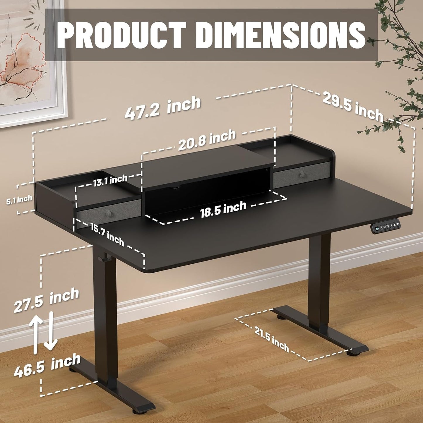 48 x 30 Inch Electric Standing Desk with 2 Drawers, Adjustable Height Widened Stand Up Desk with Storage, Sit to Stand Ergonomic Workstation for Home Office, Classic Black